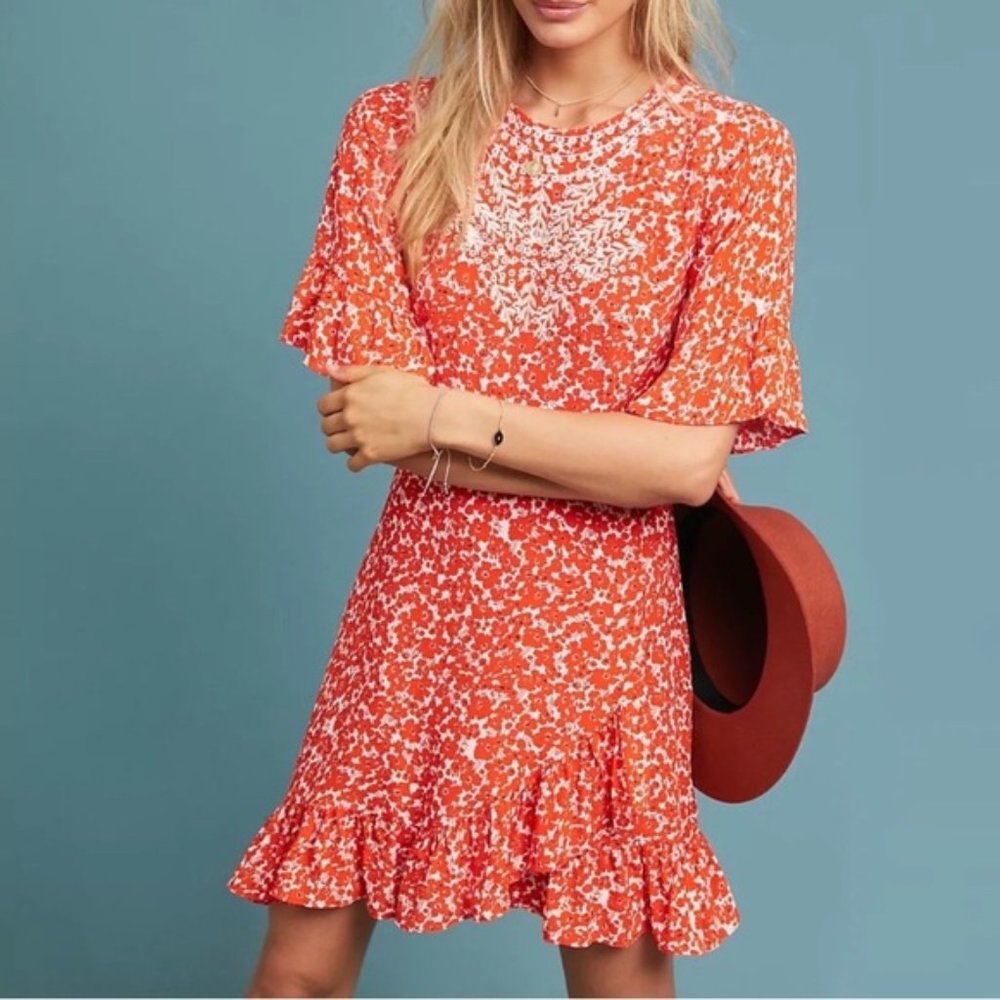 Anthropologie | Ranna Gill Orange Midtown Embroidered Dress Medium